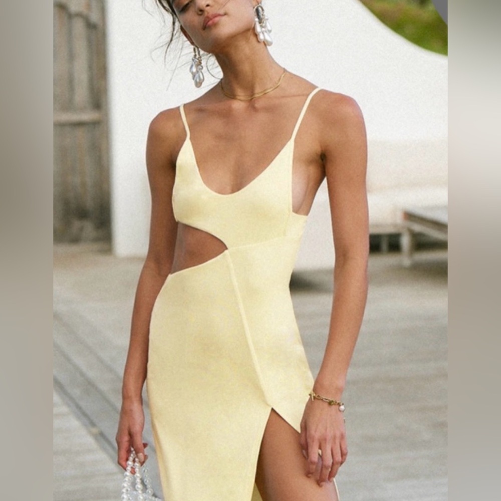 Commense Apricot Cream Asymmetrical Split Thigh Cutout Long Dress Sz. M NWT! - Picture 2 of 5
